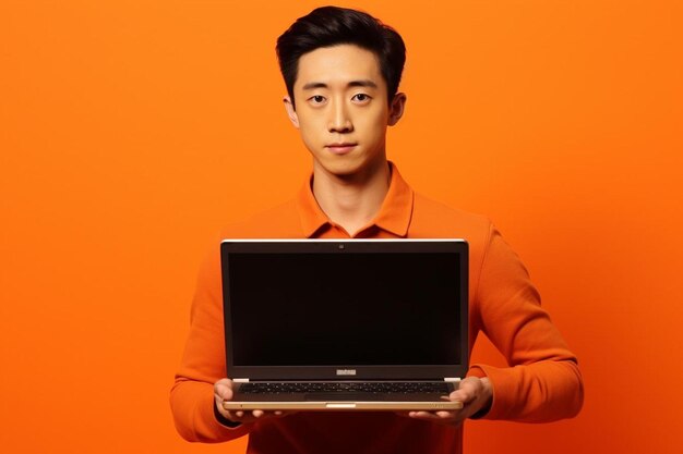 Photo a man in an orange shirt holding a laptop