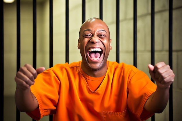A man in an orange shirt is laughing and has his hands up in the air