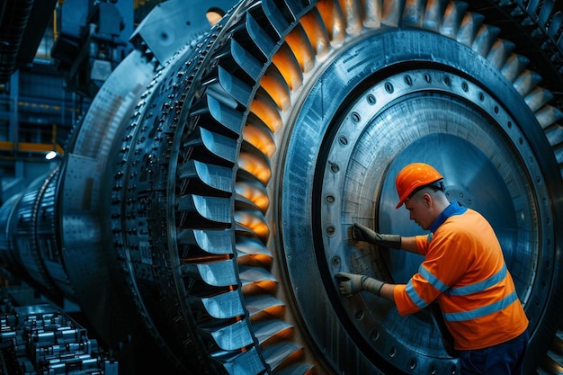 a man in an orange shirt is working on a large turbine