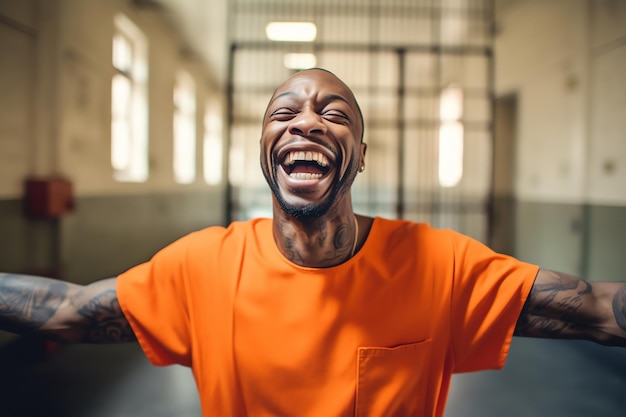 A man in an orange shirt smiles in a jail