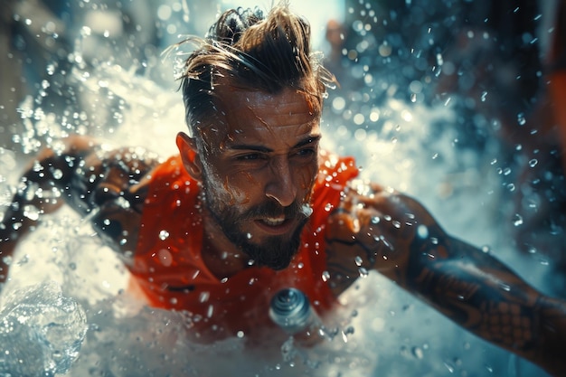 Man in orange shirt standing in water