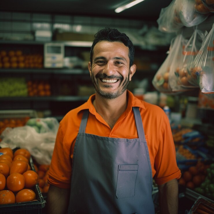 Photo a man in an orange shirt stands in front of a produce section
