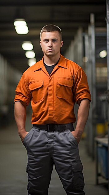 a man in an orange shirt stands in a warehouse