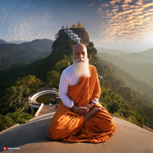 a man in orange sitting in front of a temple