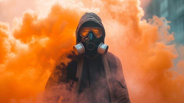 Man in orange smoke grenade