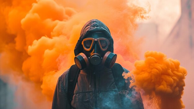 Photo man in orange smoke grenade