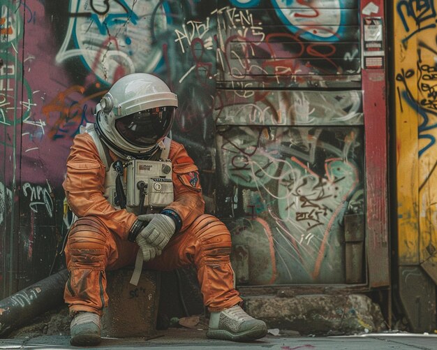 Photo a man in an orange suit and helmet sitting on a sidewalk generative ai