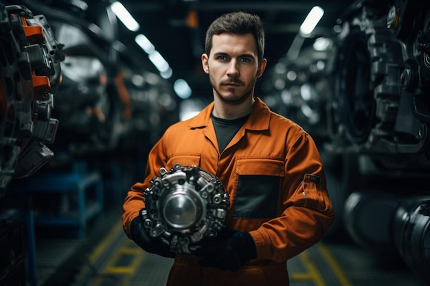 a man in an orange suit holds a large gear in a factory