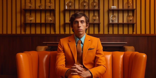 A man in an orange suit sits in a restaurant.