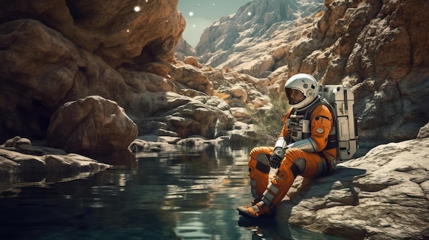 A man in an orange suit sitting on a rock near water Generative AI Art