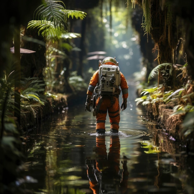 a man in an orange suit walks through a swamp.