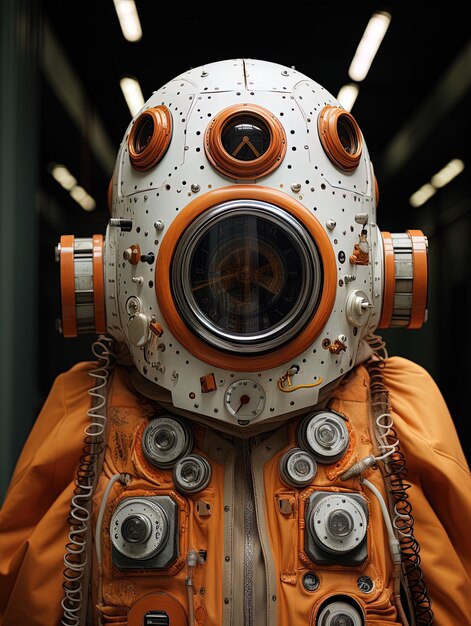 a man in an orange suit with a silver mask on it