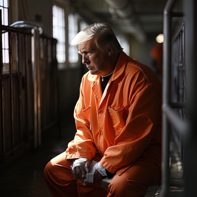 a man in an orange uniform sits in a prison