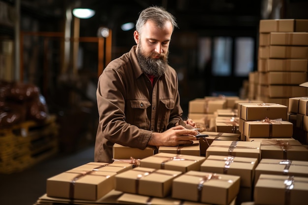 A man in an orange vest is holding a box in warehouse