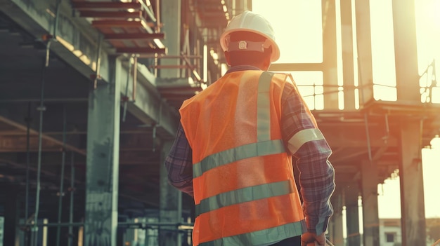 a man in an orange vest is walking down a construction site