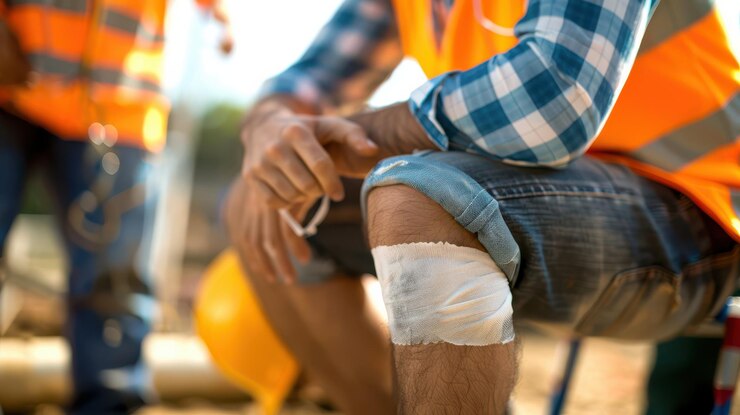 A man in an orange vest sits on the ground with a bandaged knee