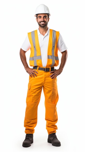 a man in an orange vest stands in front of a white background