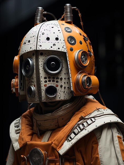 a man in an orange and white costume with a star wars mask on it