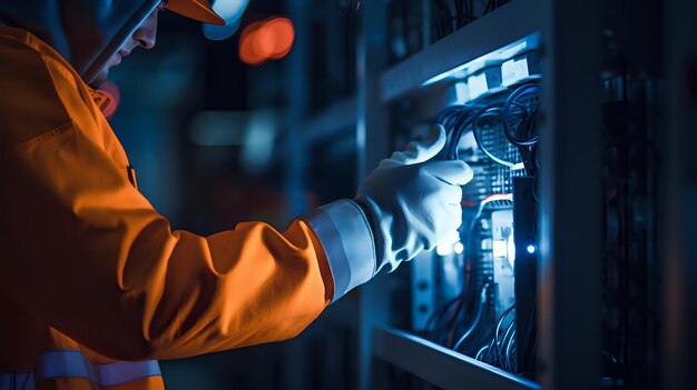 Photo a man in an orange work suit is working on a computer