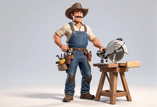 a man in overalls and a hat is holding a circular saw