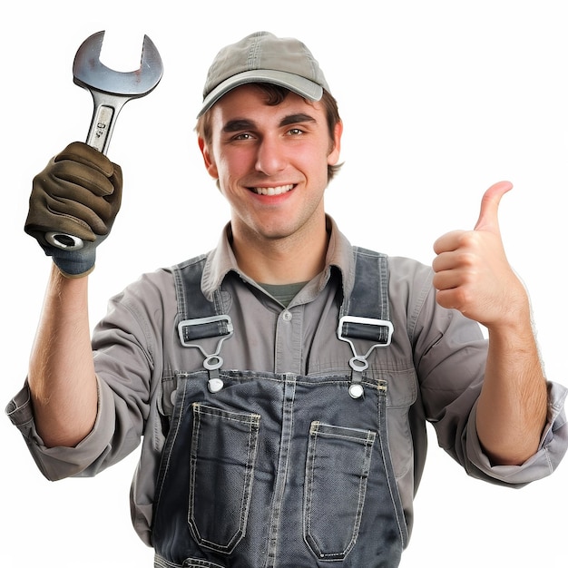 Man in Overalls Holding Wrench Thumbs Up