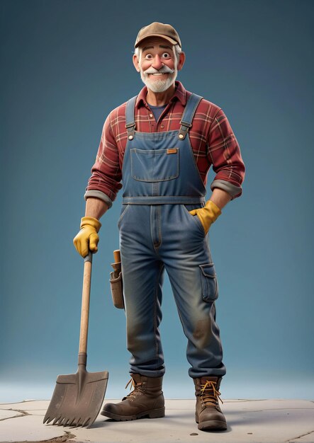 a man in overalls and overalls holding a shovel