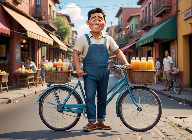 a man in overalls and overalls stands on a street with a bicycle