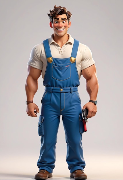 a man in overalls and overalls stands with his hands on his hips