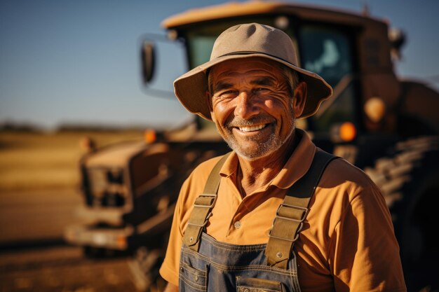 A man in overalls standing in front of a tractor generative ai portrait of a farmer