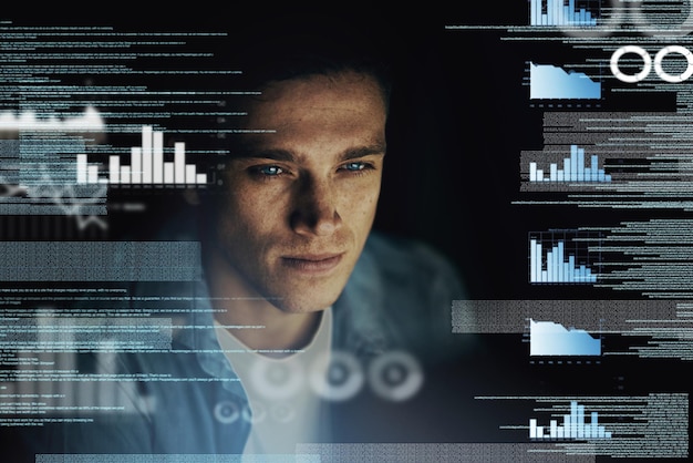 Man overlay and computer with statistics at night as employee for overtime and deadline on software project Business male person and data analysis with graphs for programming and processing info