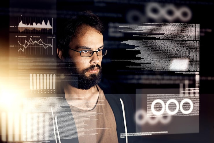 Photo man overlay and cyber security with coding data and analysis for programming and software development male person programmer and information technology during night for cloud computing database
