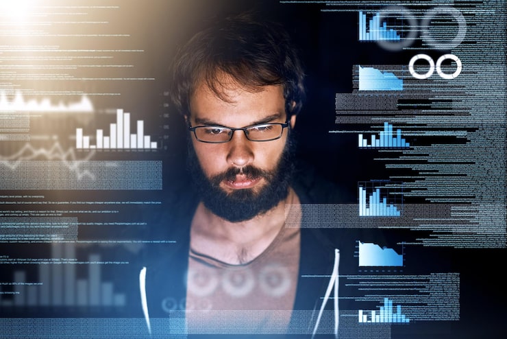 Photo man overlay and programming with coding data and analysis for cyber security and software development male person programmer and information technology during night for cloud computing database