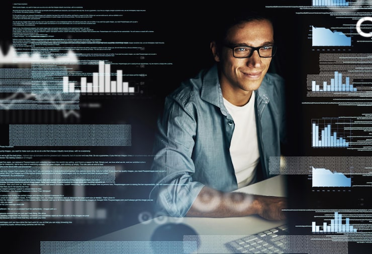 Photo man overlay and smile on computer with coding at night as employee for overtime and deadline with statistic business male person and data analysis with graphs programming and processing info