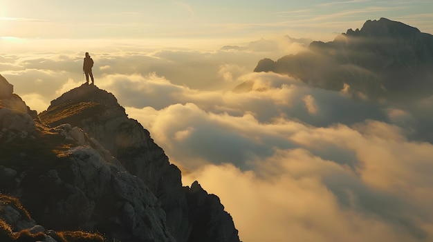 Photo man overlooking sea of clouds from mountain peak at sunrise to convey a sense of adventure selfdisco