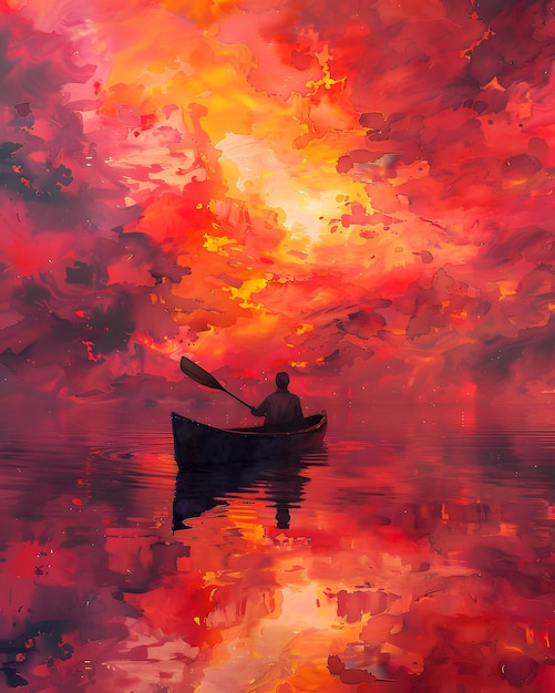 Фото Мужчина гребёт на каноэ на озере на закате под оранжевым небом и красным небом утром