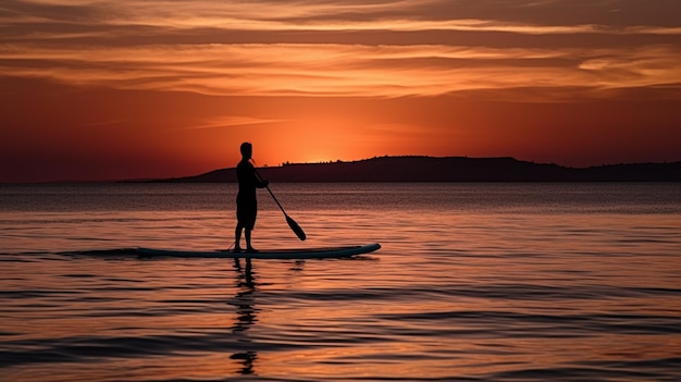 A man paddles in front of a sunset on a paddle board