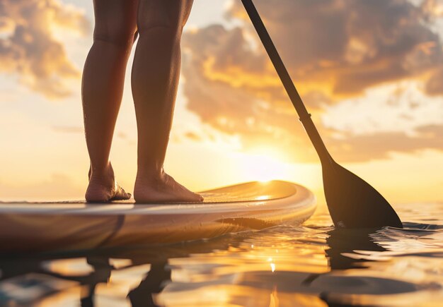Photo a man paddles a kayak with a sunset in the background