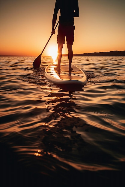 A man paddles a paddle board in the water at sunset.
