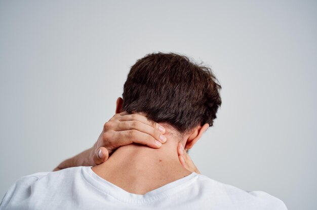 Man pain in the neck health problems massage therapy isolated\
background