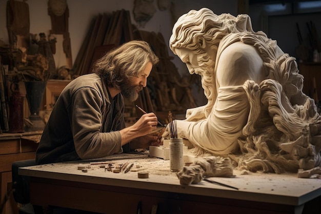 Человек рисует статую с кистью на ней