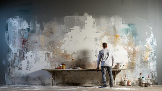 Photo man painting wall in house with brush