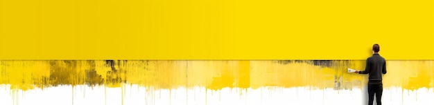 Man painting a yellow wall dripping fresh paint