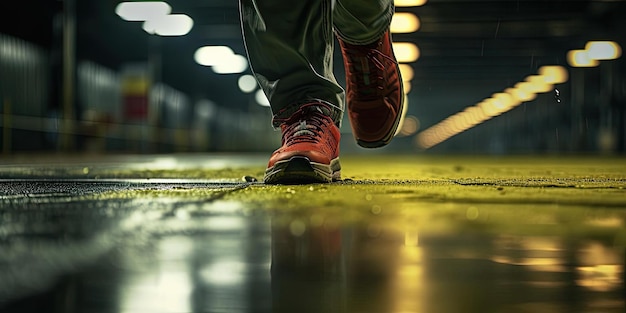 a man in a pair of running shoes walking down a track in the style of coloristic