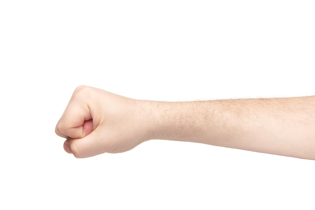 Man palm shows clenched fist gesture Brutal man hand isolated on white background Finger gestures