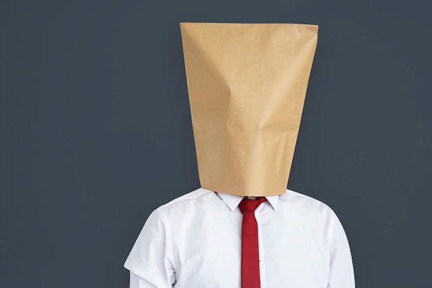 Man Paper Bag Cover Face Ashamed Portrait Concept