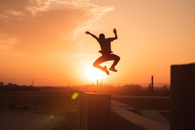 Man parkour zonsondergang training Genereer Ai