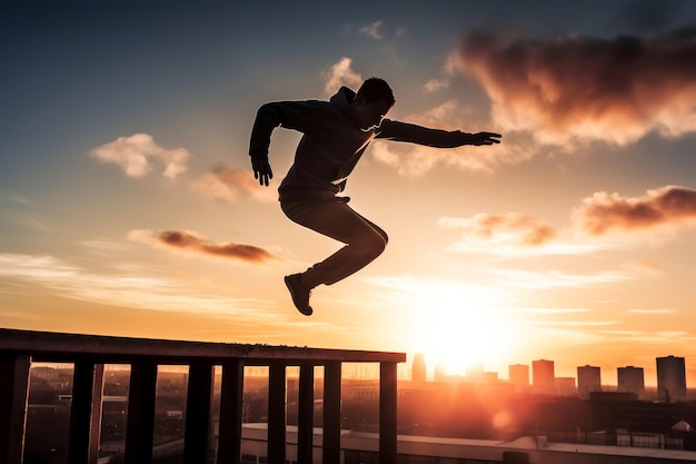 Man parkour zonsondergangsprong Genereer Ai