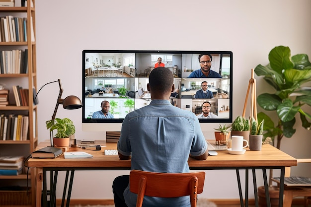 a man participating in a video conference from their home office