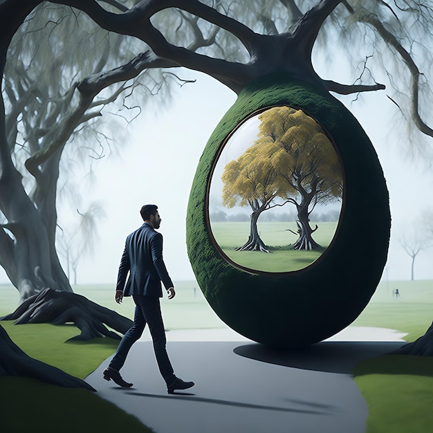 Photo a man passes by an egg that contains a tree generative ai