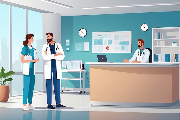 Man Patient In Hospital Reception Hall Talking With Female Doctor Flat Vector Illustration